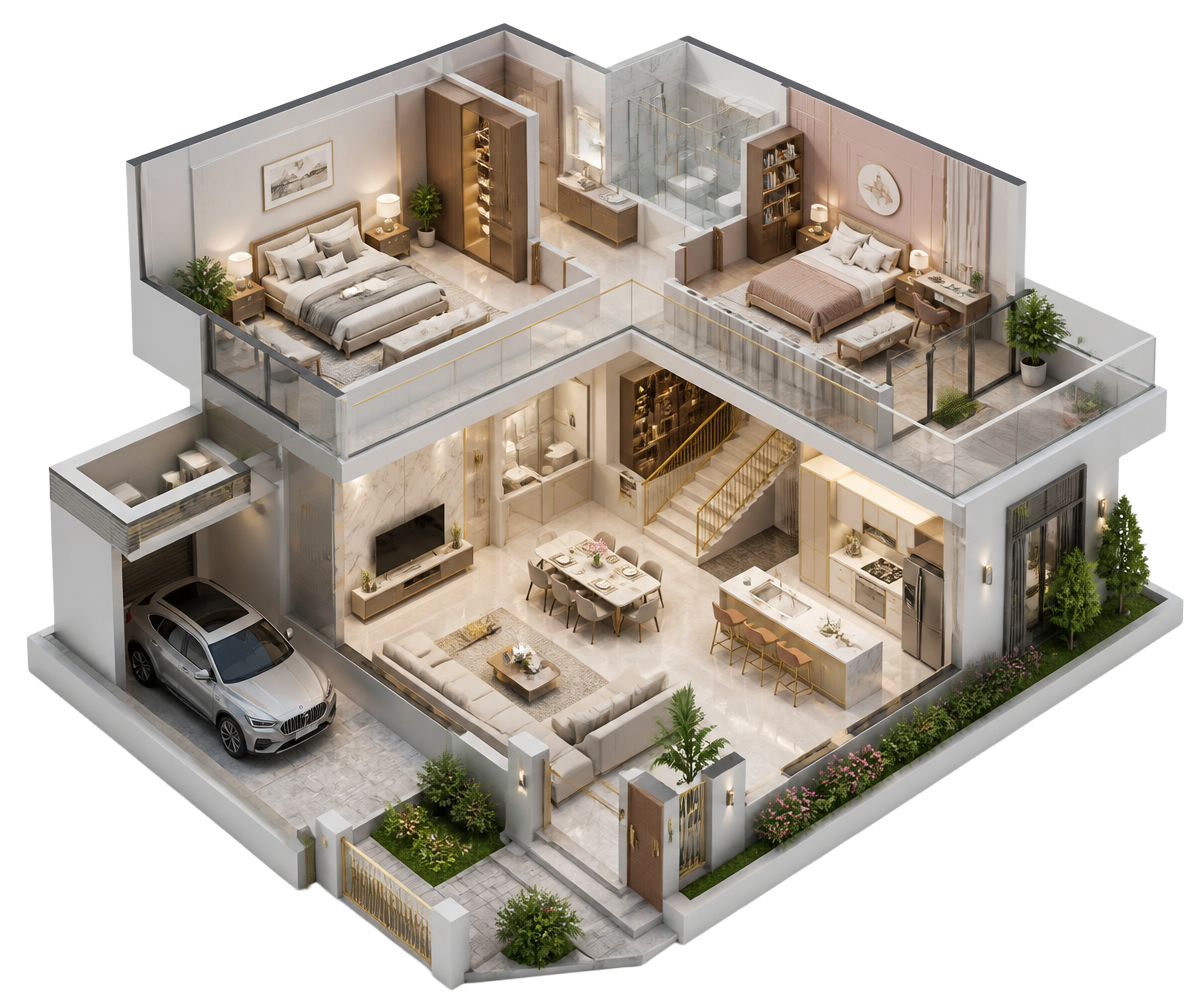 Isometric 3D cutaway of a modern house showing bedrooms, kitchen, staircase and entry